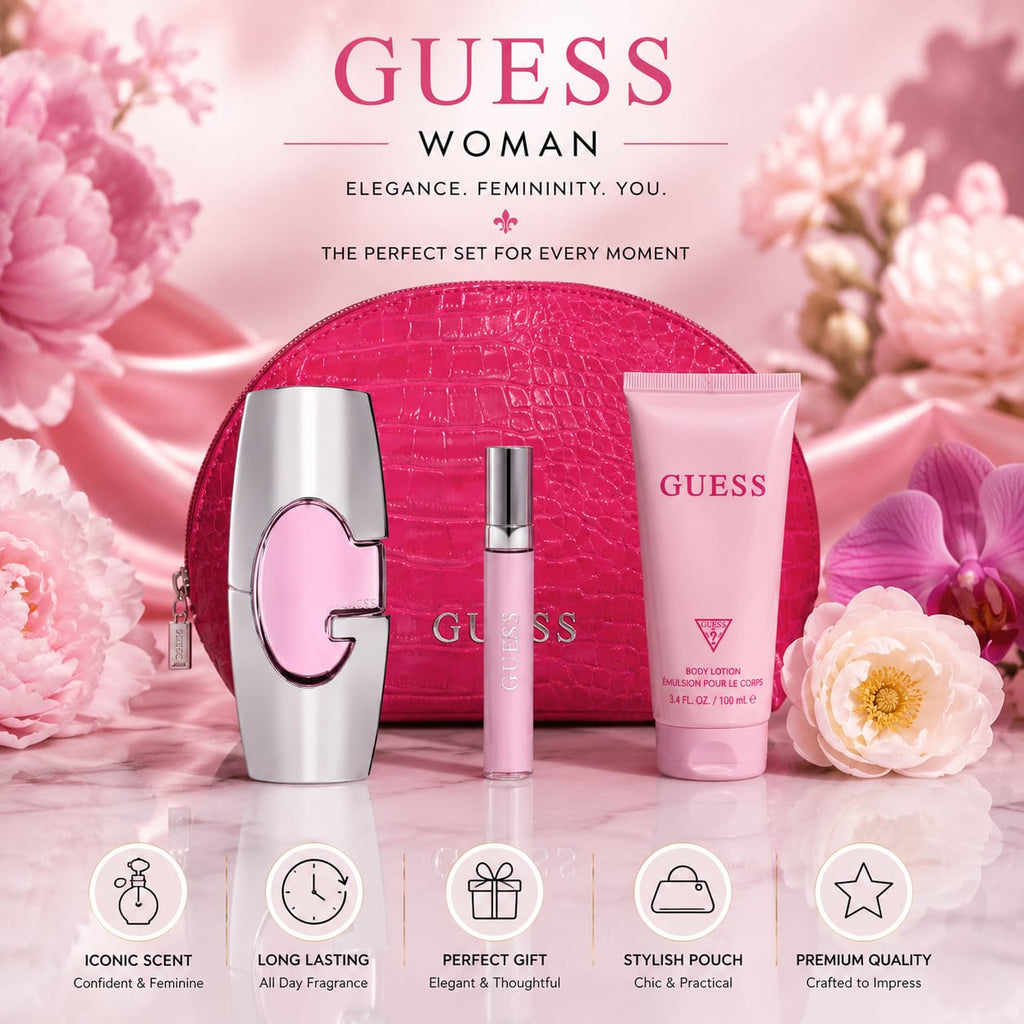 GUESS Woman Eau de Parfum Gift Set for Women – 75ml + 15ml Travel Spray + 100ml Body Lotion