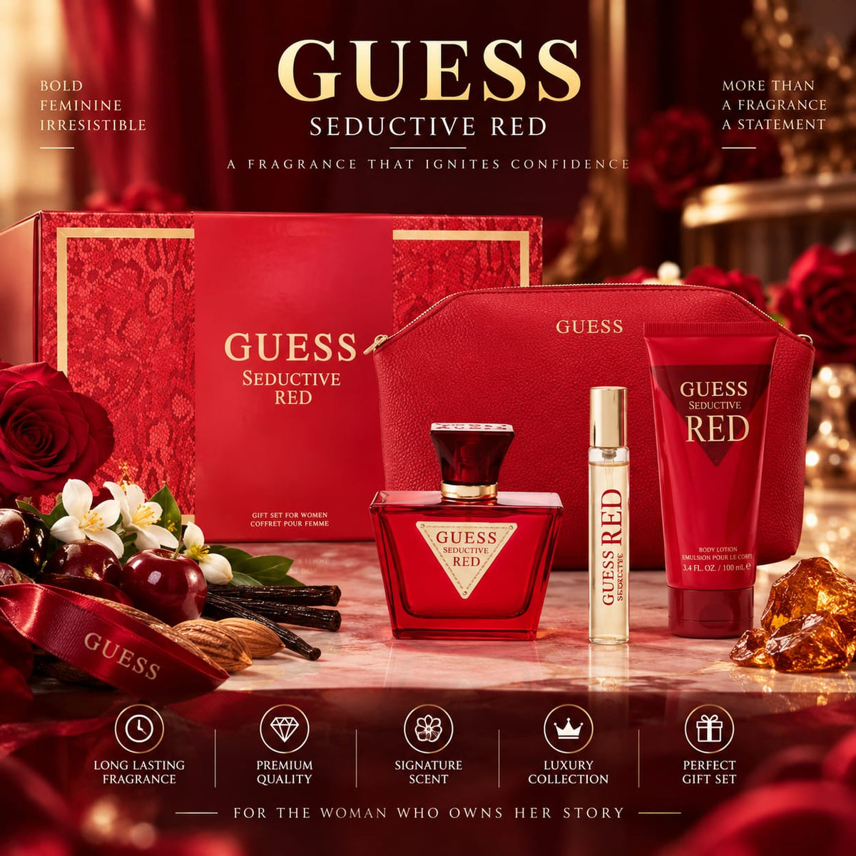 GUESS Seductive Red Perfume Gift Set for Women (EDT75+15+BL100+Pch)