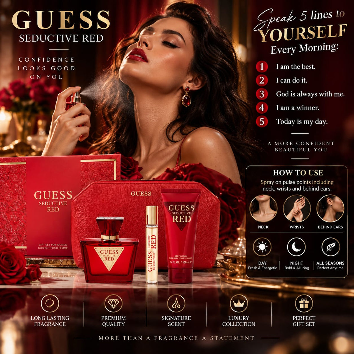 GUESS Seductive Red Perfume Gift Set for Women (EDT75+15+BL100+Pch)