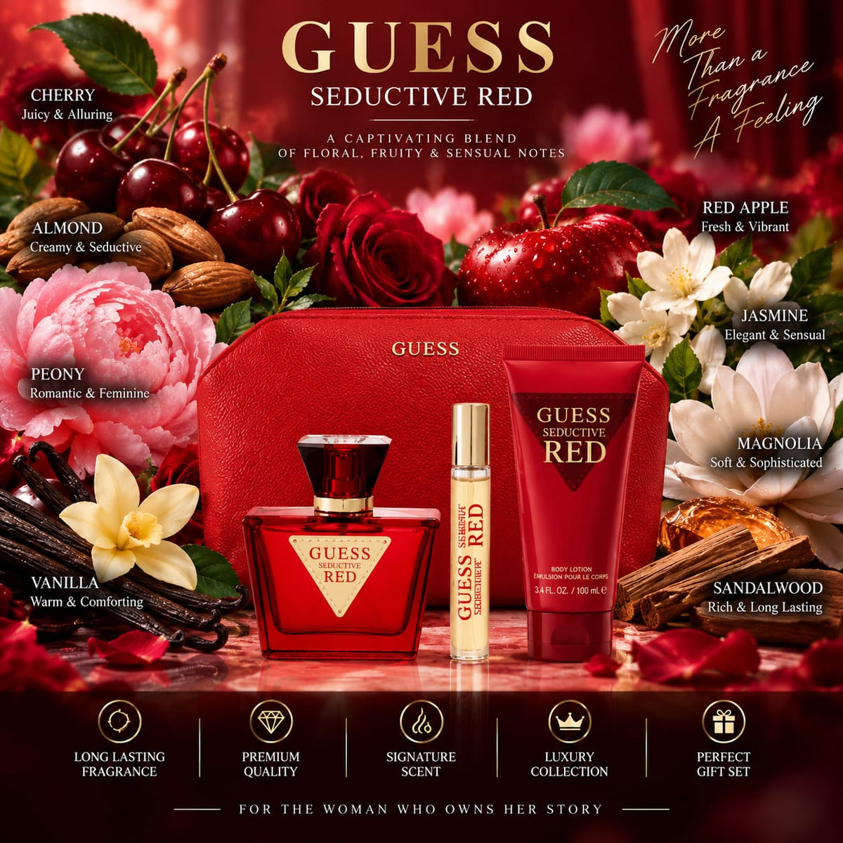 GUESS Seductive Red Perfume Gift Set for Women (EDT75+15+BL100+Pch)