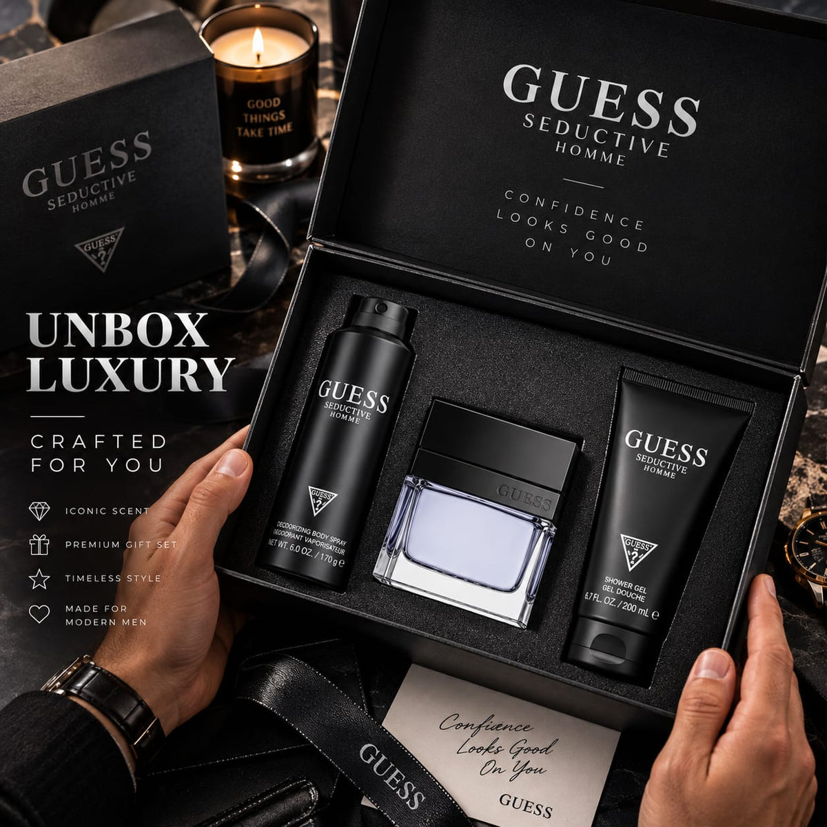 GUESS Seductive Homme Gift Set for Men – Perfume, Body Spray & Shower Gel (EDT100+SG100+BS170+Pch)