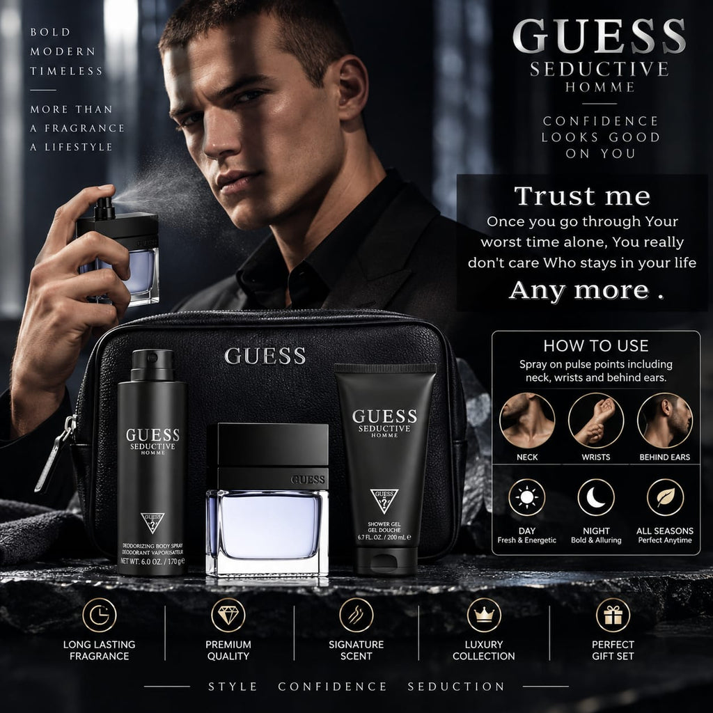 GUESS Seductive Homme Gift Set for Men – Perfume, Body Spray & Shower Gel (EDT100+SG100+BS170+Pch)
