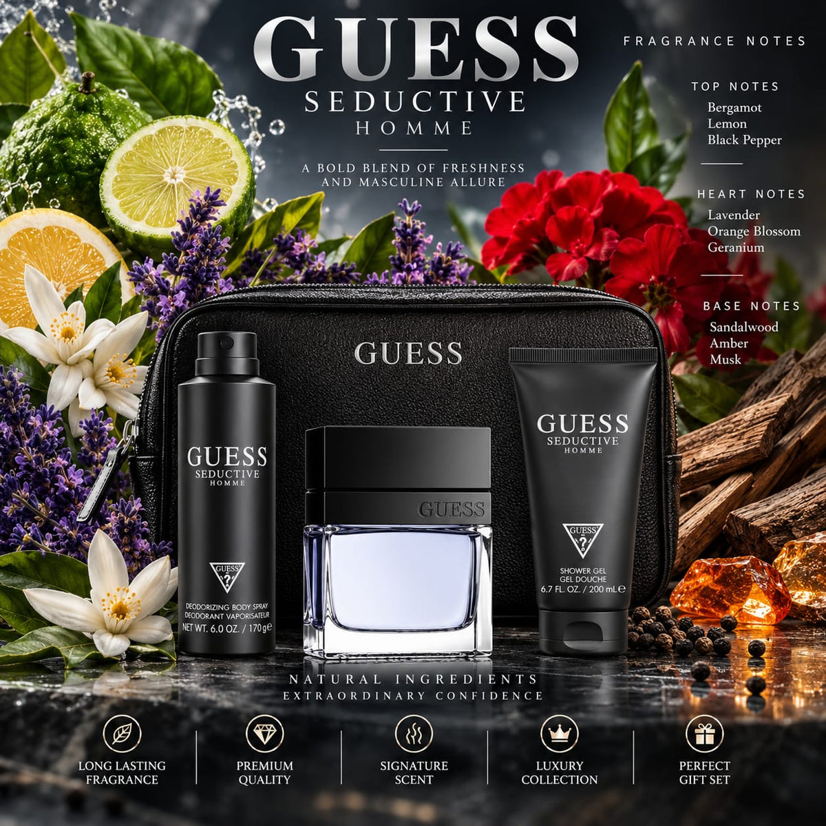 GUESS Seductive Homme Gift Set for Men – Perfume, Body Spray & Shower Gel (EDT100+SG100+BS170+Pch)