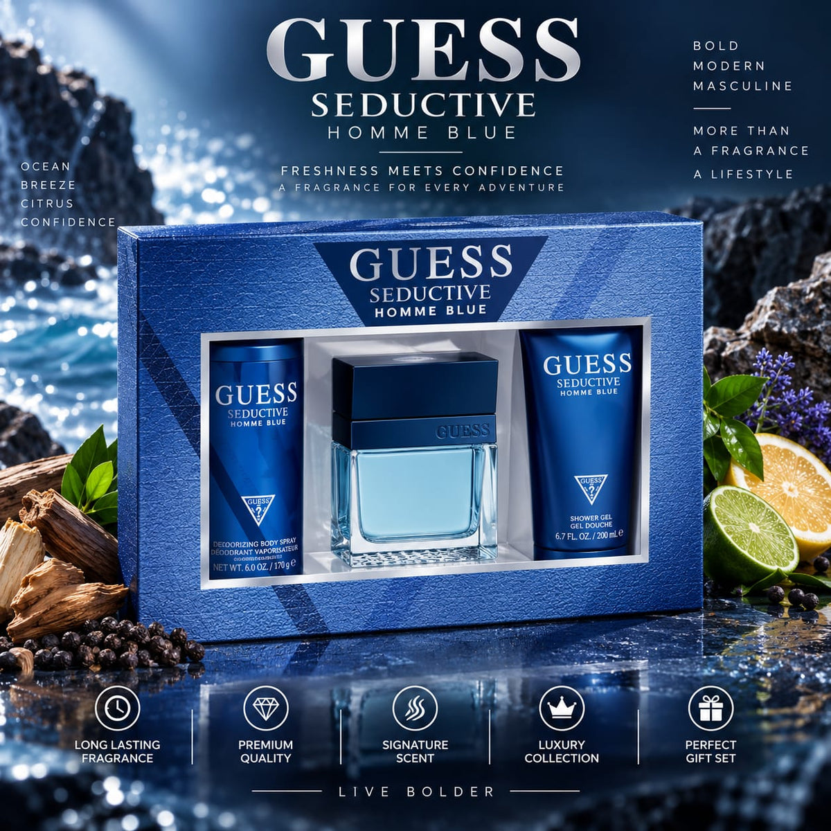 GUESS Seductive Homme Blue Gift Set for Men – Fragrance, Body Spray & Shower Gel (EDT100+SG100+BS170)