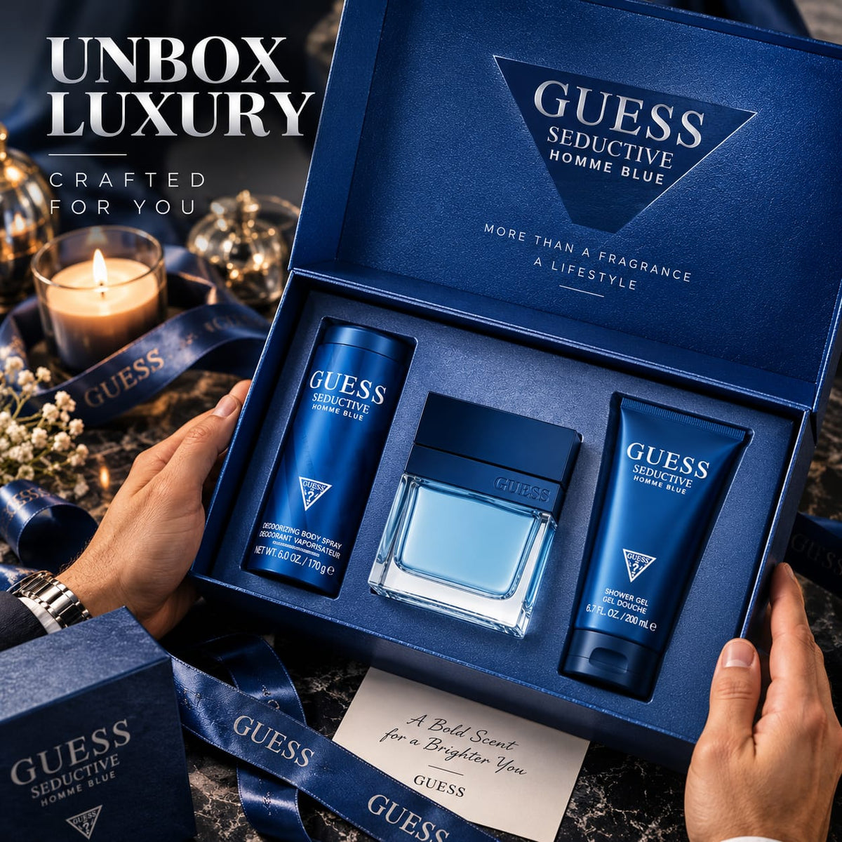 GUESS Seductive Homme Blue Gift Set for Men – Fragrance, Body Spray & Shower Gel (EDT100+SG100+BS170)