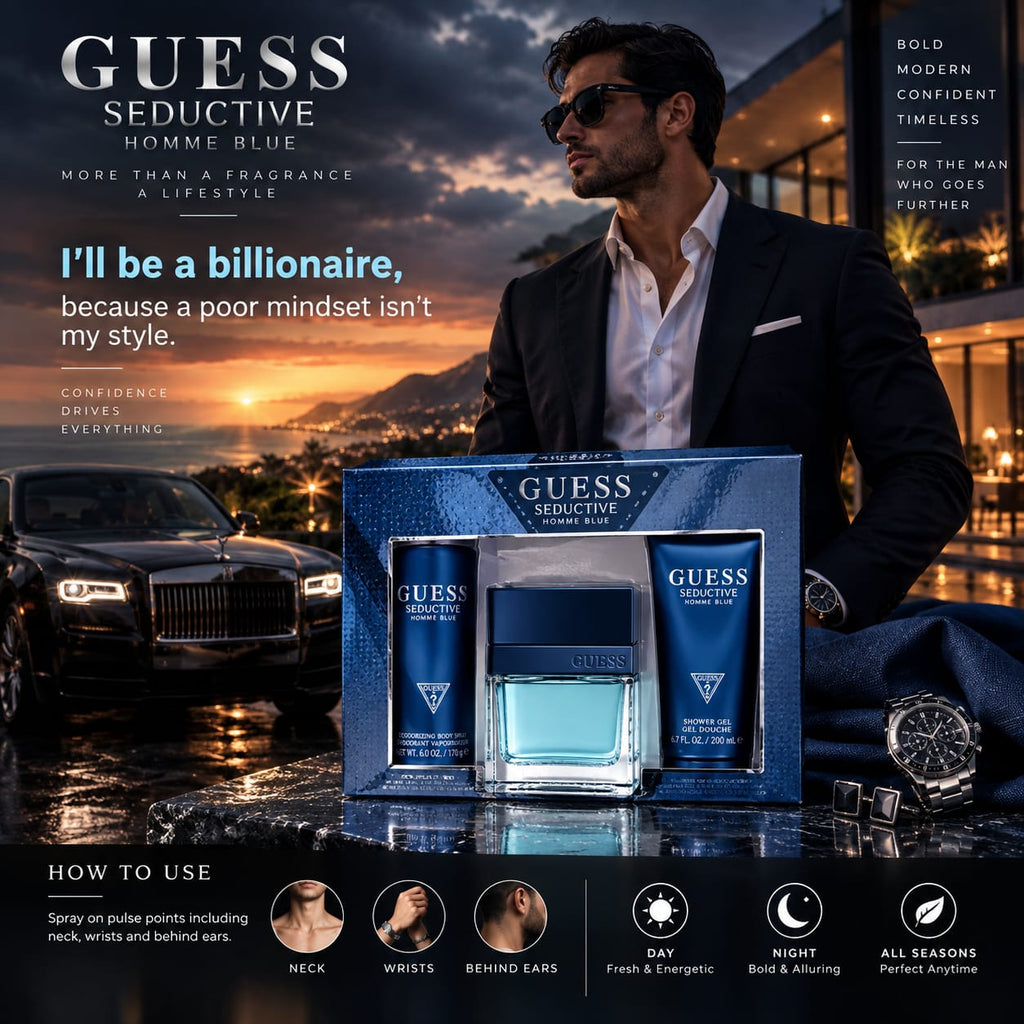 GUESS Seductive Homme Blue Gift Set for Men – Fragrance, Body Spray & Shower Gel (EDT100+SG100+BS170)