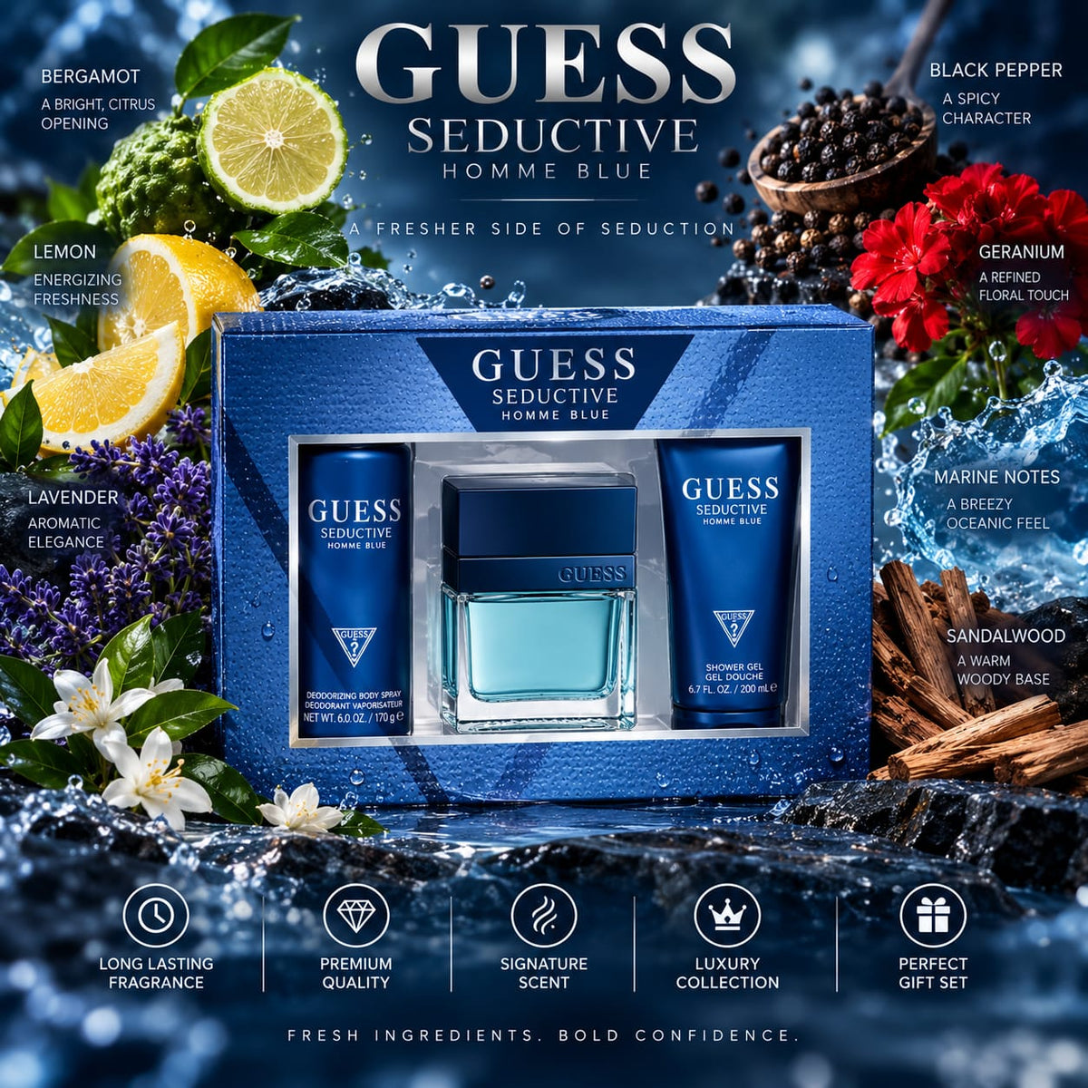 GUESS Seductive Homme Blue Gift Set for Men – Fragrance, Body Spray & Shower Gel (EDT100+SG100+BS170)