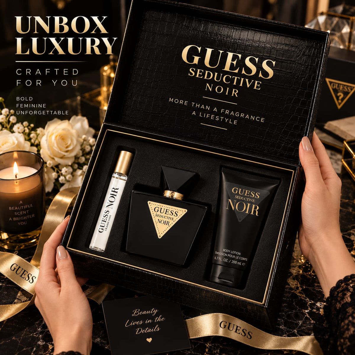 GUESS Seductive Noir Women’s Eau de Toilette Gift Set – 75ml + 15ml + 200ml Body Lotion