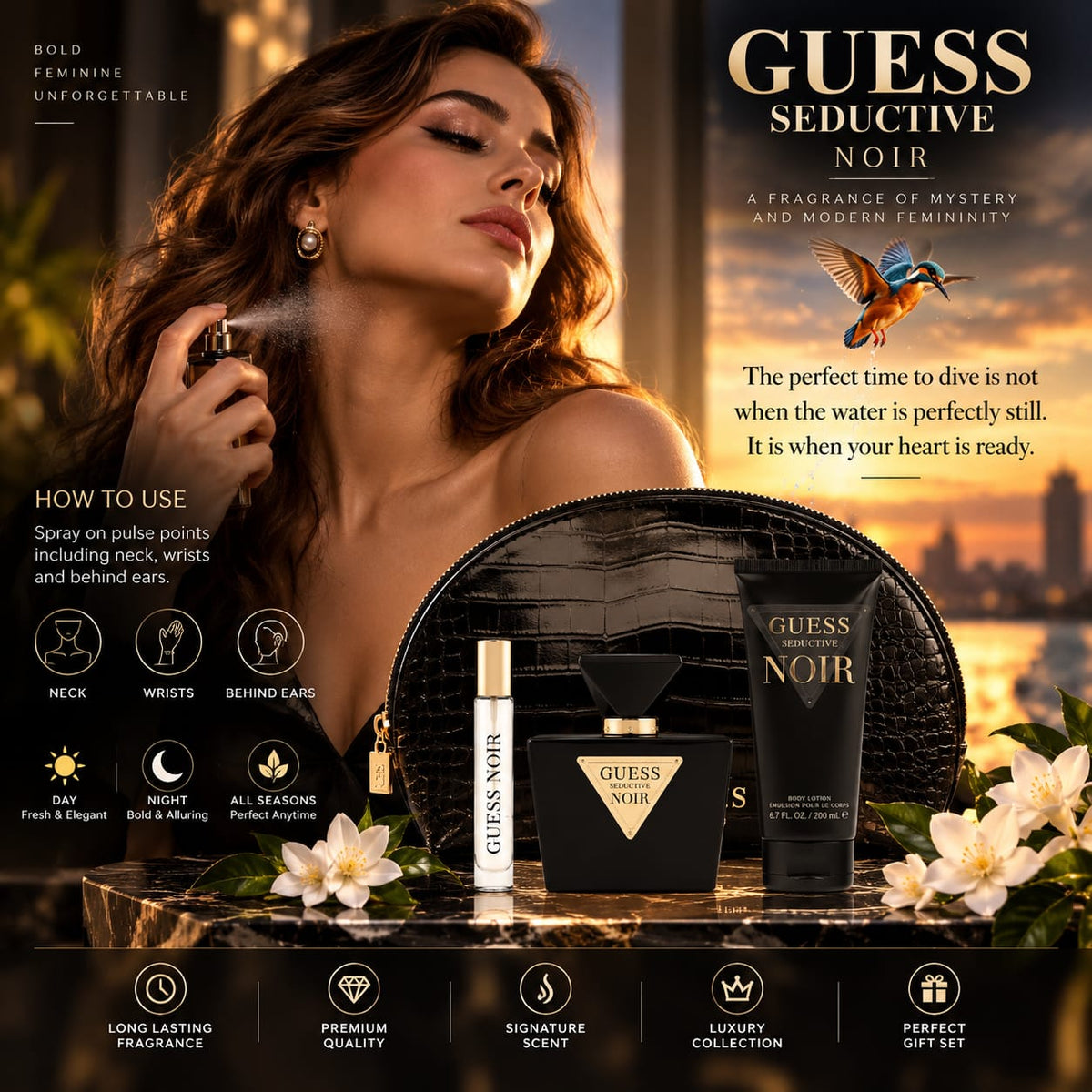 GUESS Seductive Noir Women’s Eau de Toilette Gift Set – 75ml + 15ml + 200ml Body Lotion