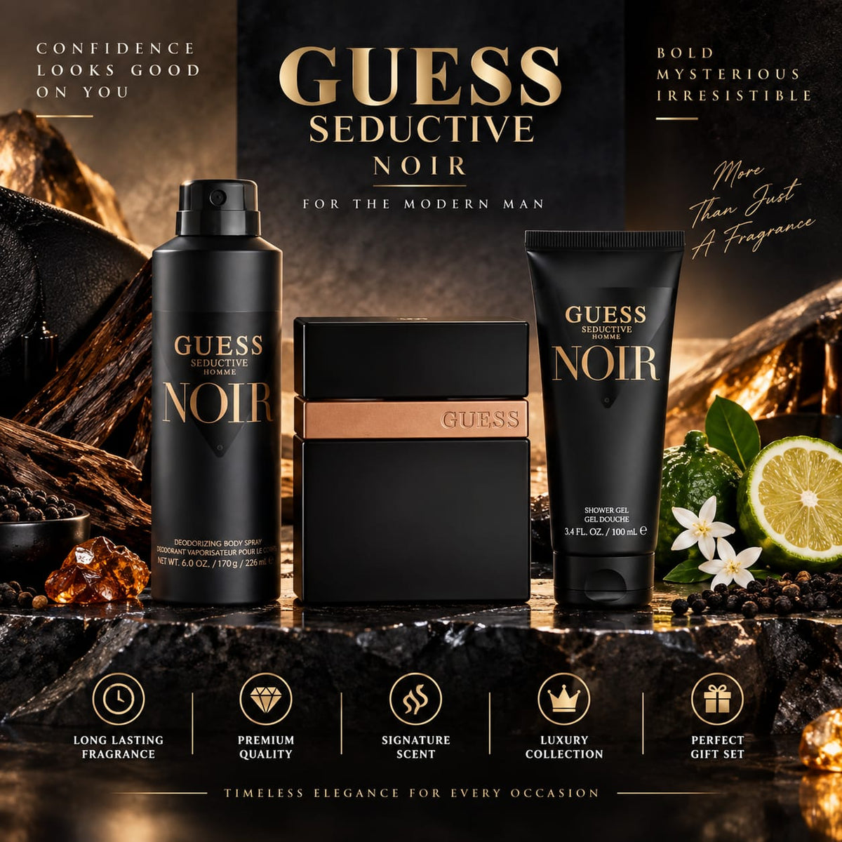 GUESS Seductive Noir Homme Gift Set for Men – Fragrance, Body Spray & Shower Gel