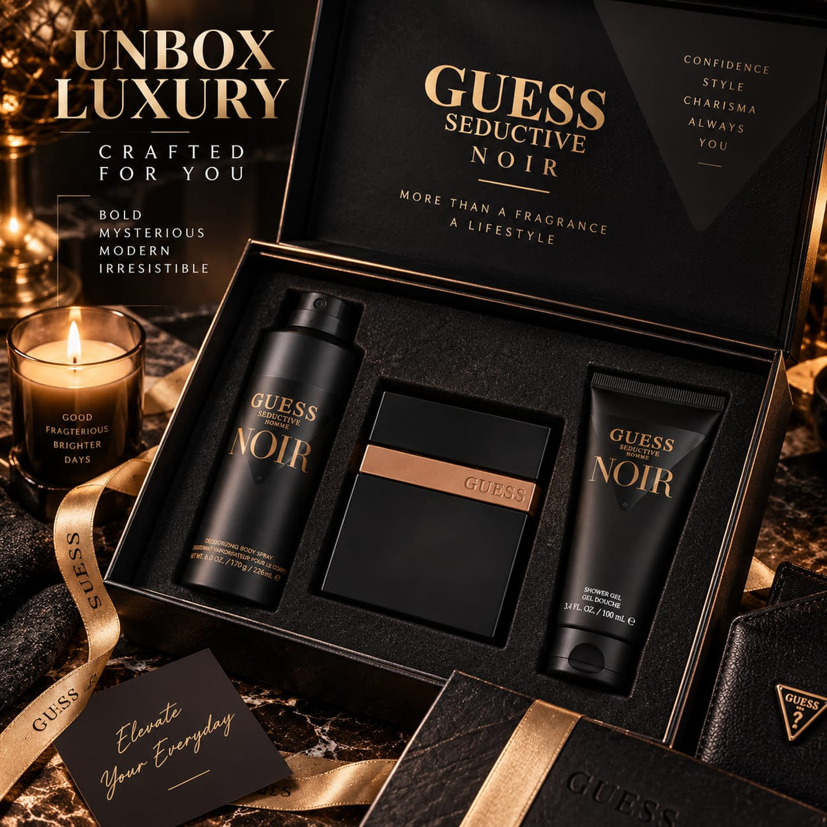 GUESS Seductive Noir Homme Gift Set for Men – Fragrance, Body Spray & Shower Gel
