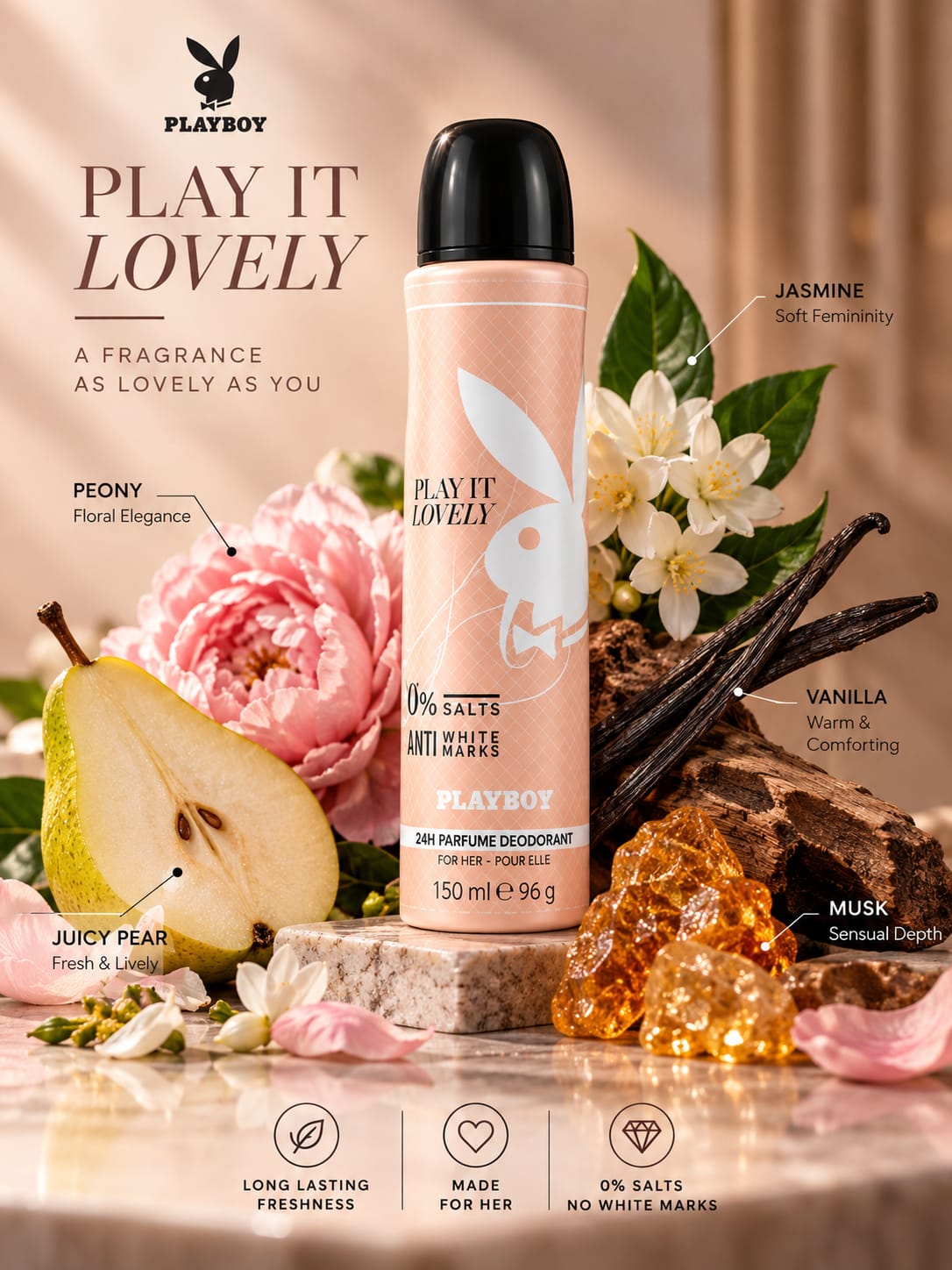 Playboy Play It Lovely 24H Perfume Deodorant for Women 150 ml
