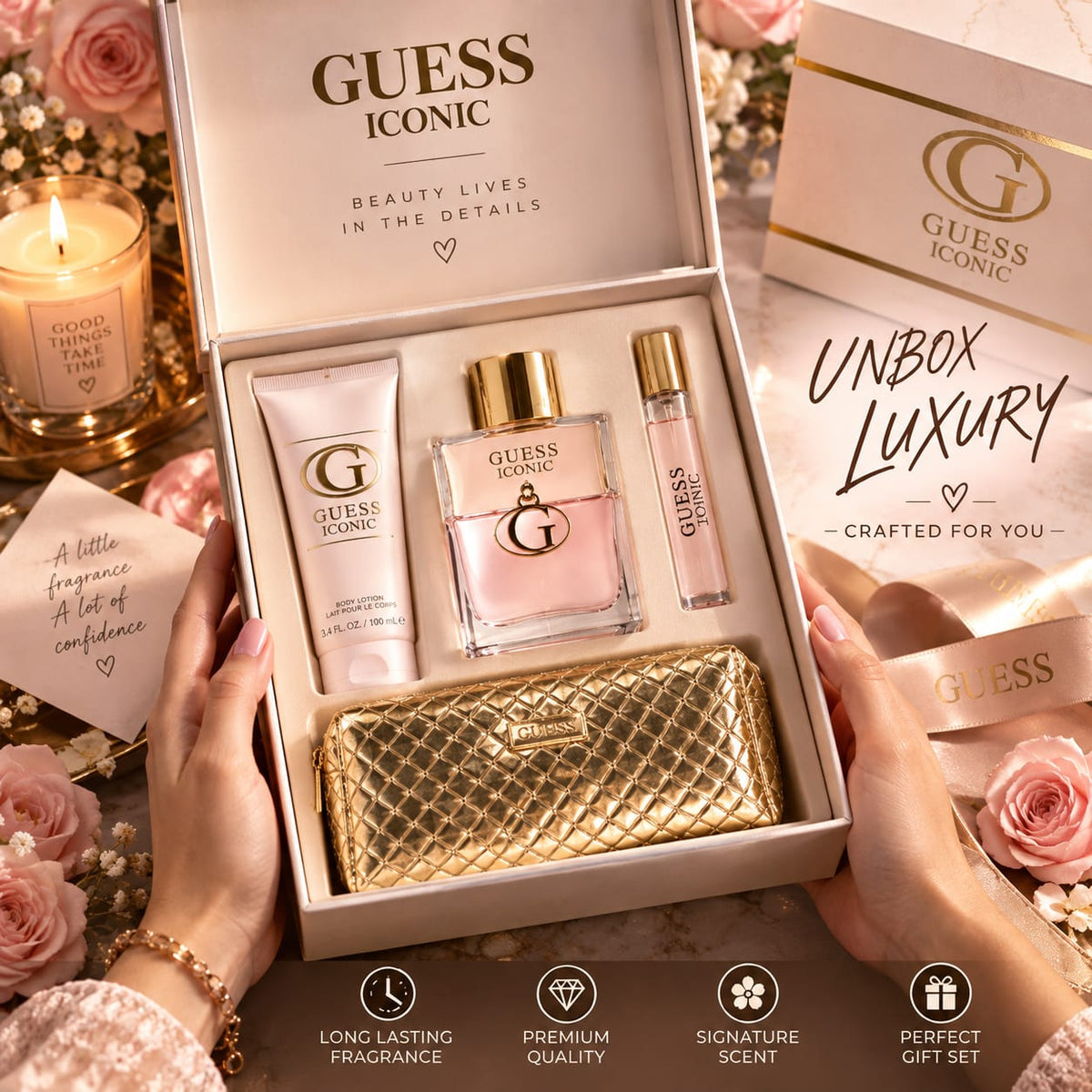 GUESS Iconic Women Eau de Parfum Gift Set 100ml + 15ml + Body Lotion 100ml + Pouch