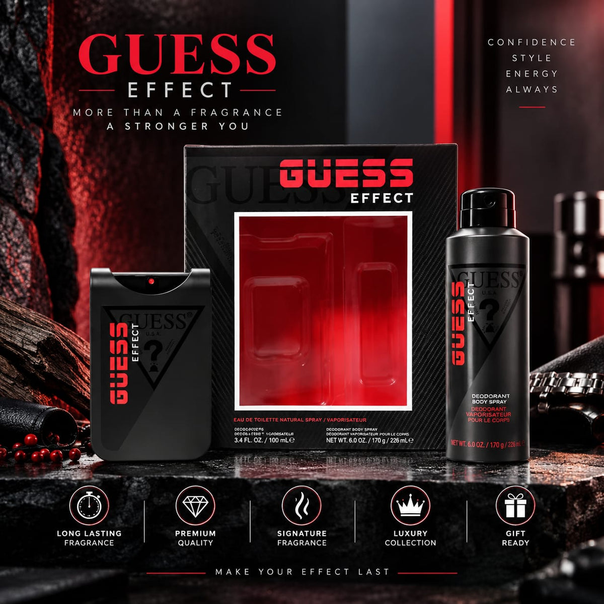 GUESS Effect Eau de Toilette Gift Set for Men – 100ml EDT + 170g Deodorant