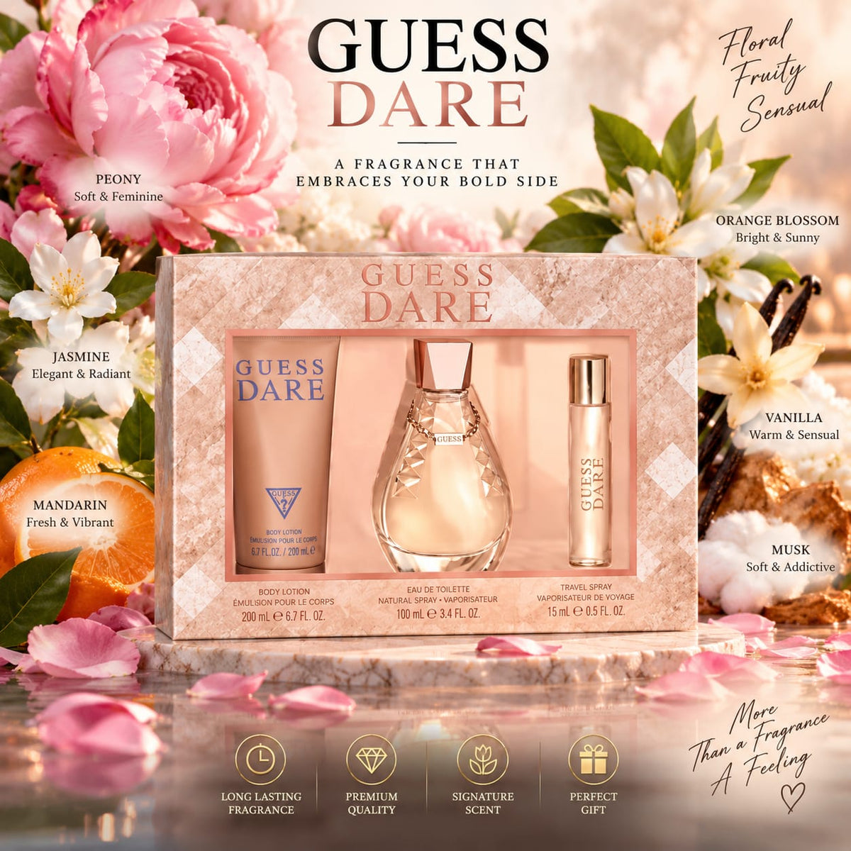 GUESS Dare Women’s Eau de Toilette Gift Set – 100ml EDT + 15ml Travel Spray + 200ml Body Lotion