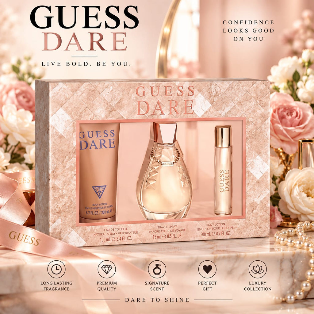 GUESS Dare Women’s Eau de Toilette Gift Set – 100ml EDT + 15ml Travel Spray + 200ml Body Lotion