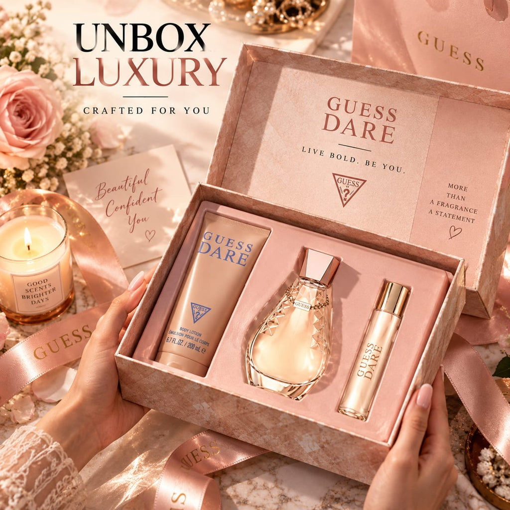 GUESS Dare Women’s Eau de Toilette Gift Set – 100ml EDT + 15ml Travel Spray + 200ml Body Lotion