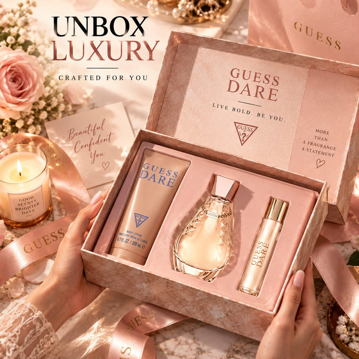 GUESS Dare Women’s Eau de Toilette Gift Set – 100ml EDT + 15ml Travel Spray + 200ml Body Lotion