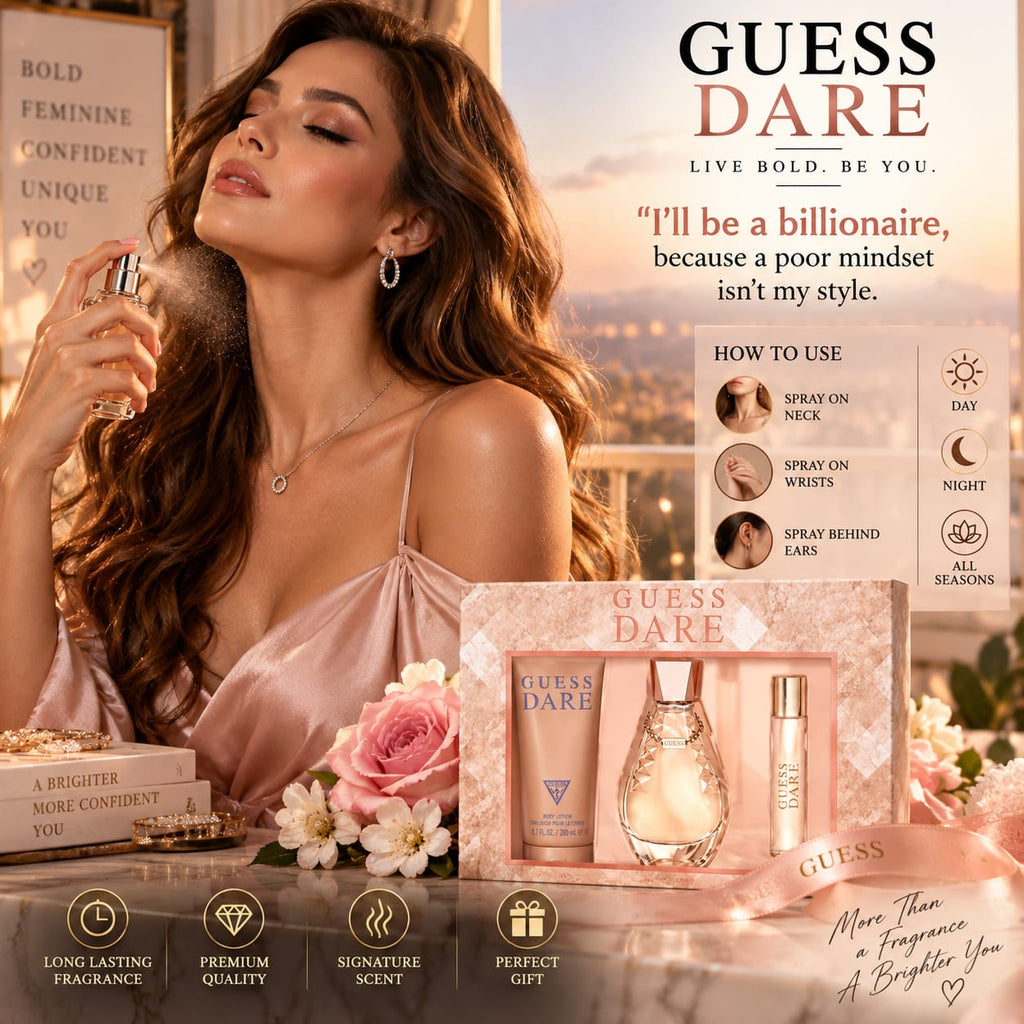 GUESS Dare Women’s Eau de Toilette Gift Set – 100ml EDT + 15ml Travel Spray + 200ml Body Lotion