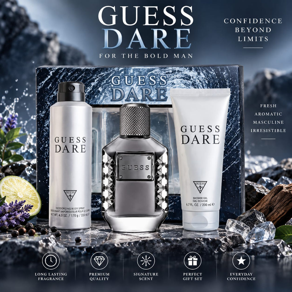 GUESS Dare Men's Gift Set – Eau de Toilette 100ml + Shower Gel 200ml + Body Spray 170g