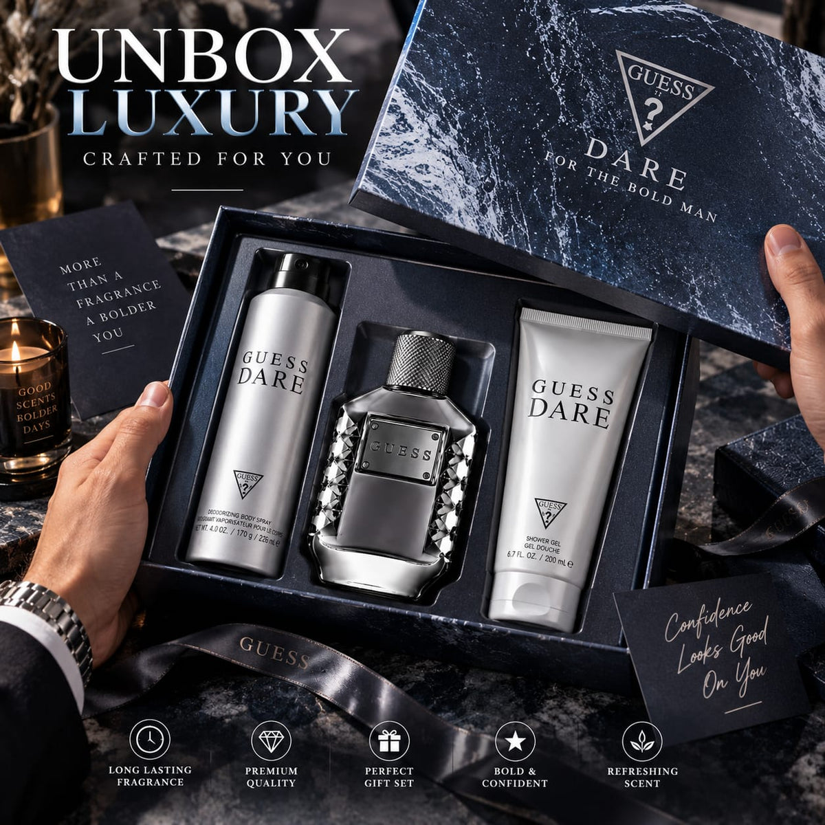 GUESS Dare Men's Gift Set – Eau de Toilette 100ml + Shower Gel 200ml + Body Spray 170g