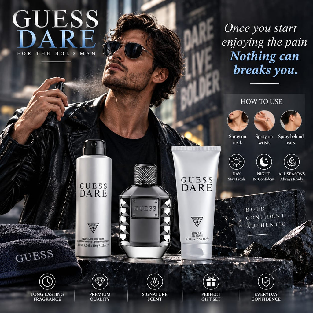 GUESS Dare Men's Gift Set – Eau de Toilette 100ml + Shower Gel 200ml + Body Spray 170g