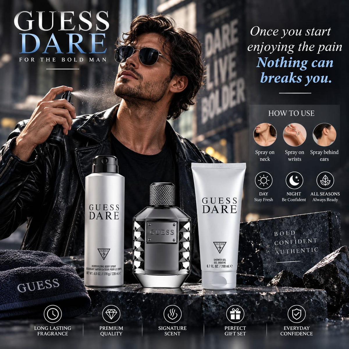 GUESS Dare Men's Gift Set – Eau de Toilette 100ml + Shower Gel 200ml + Body Spray 170g