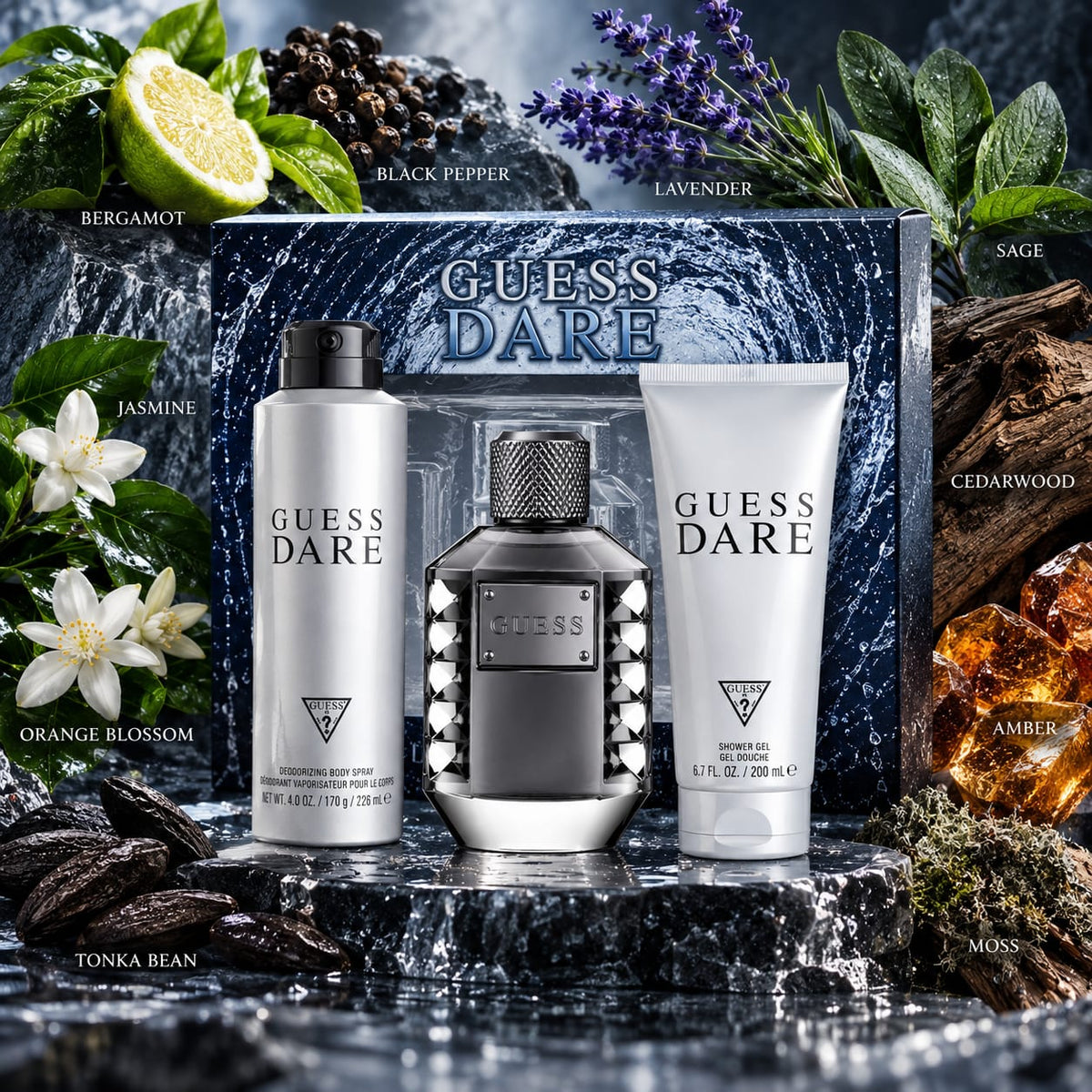GUESS Dare Men's Gift Set – Eau de Toilette 100ml + Shower Gel 200ml + Body Spray 170g