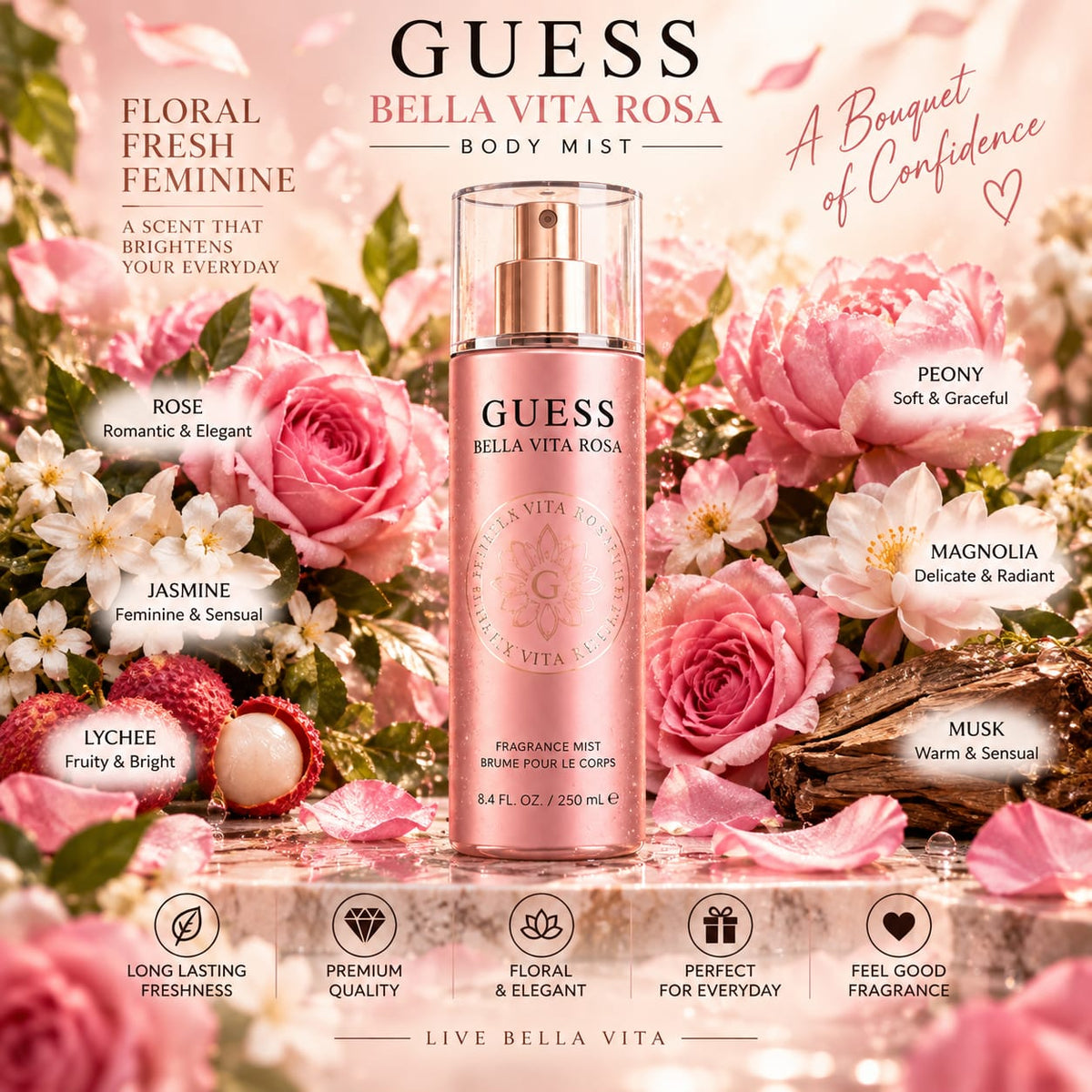 GUESS Bella Vita Rosa Body Mist for Women – 250ml